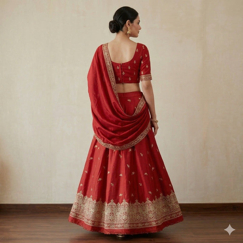 Sanskriti Vintage Red 100% Pure Silk Unstitched Lehenga Hand Embroidered Zardozi