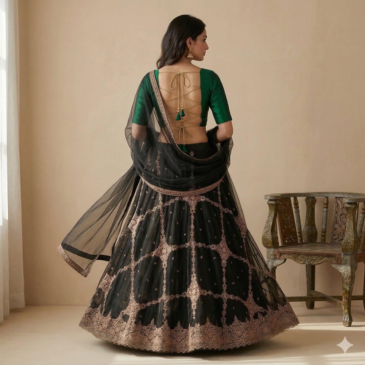 Sanskriti Vintage Net Black Unstitched Lehenga Wedding Hand Embroidered Zardozi