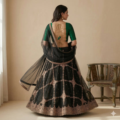 Sanskriti Vintage Net Black Unstitched Lehenga Wedding Hand Embroidered Zardozi