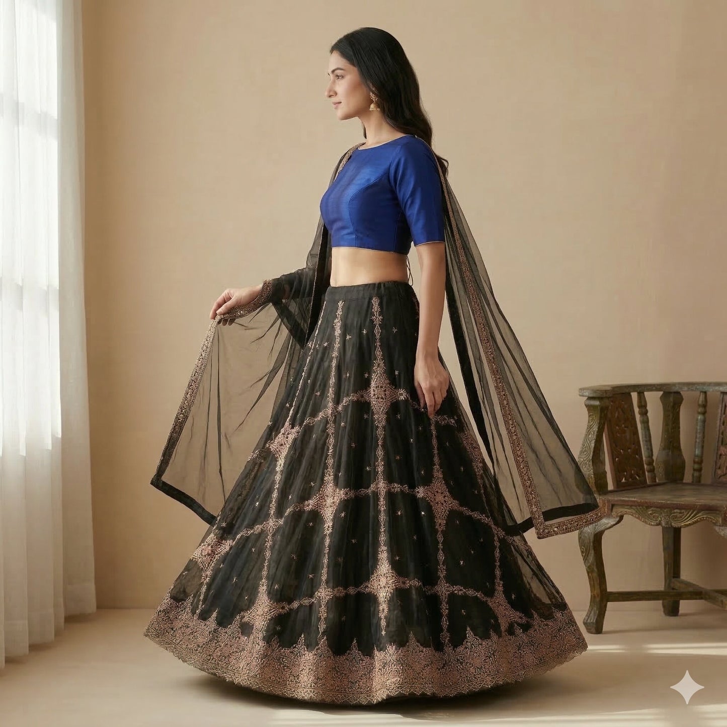 Sanskriti Vintage Net Black Unstitched Lehenga Wedding Hand Embroidered Zardozi