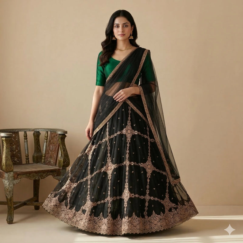 Sanskriti Vintage Net Black Unstitched Lehenga Wedding Hand Embroidered Zardozi
