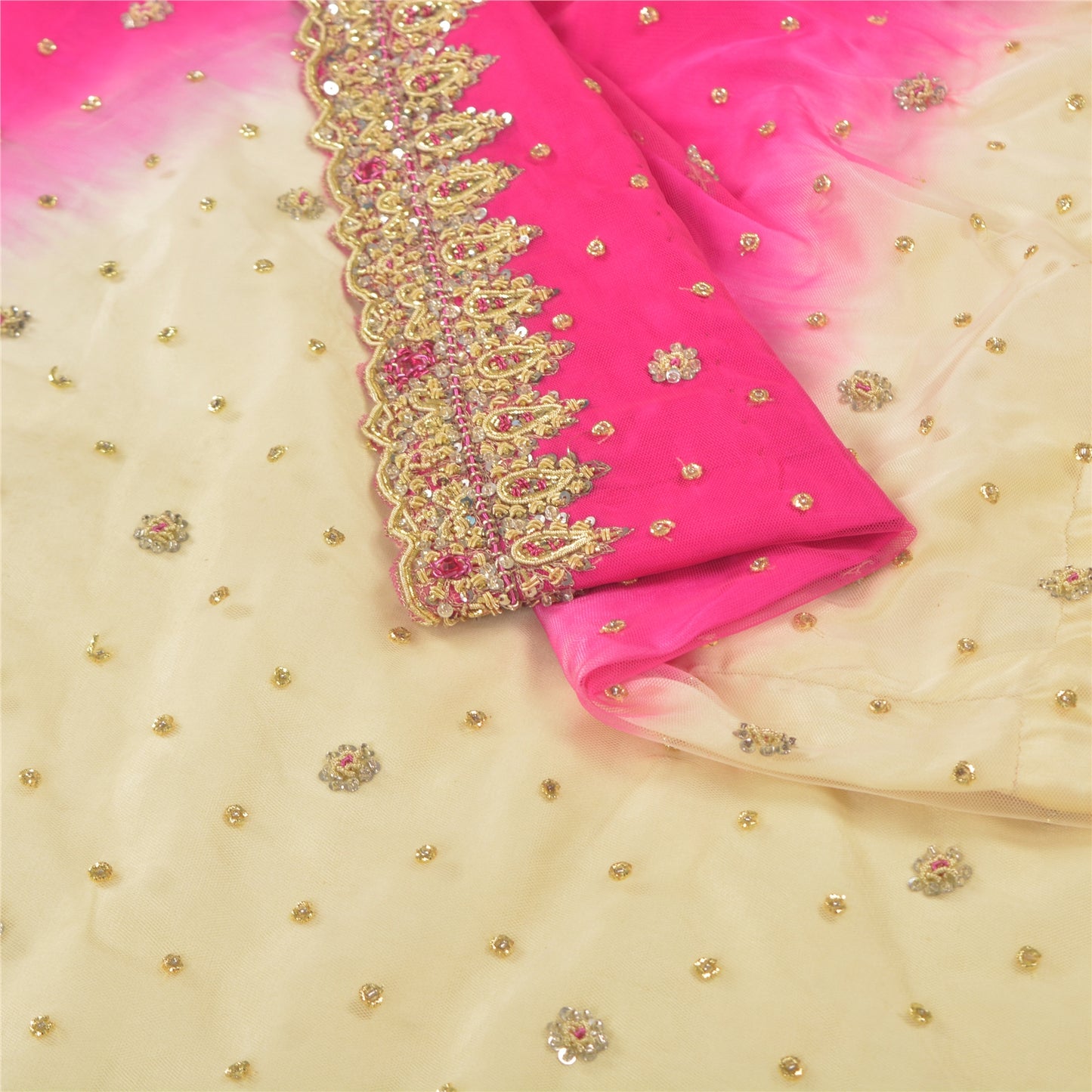 Sanskriti Vintage Golden-Pink Net Unstitched Lehenga Hand Embroidered Zardozi