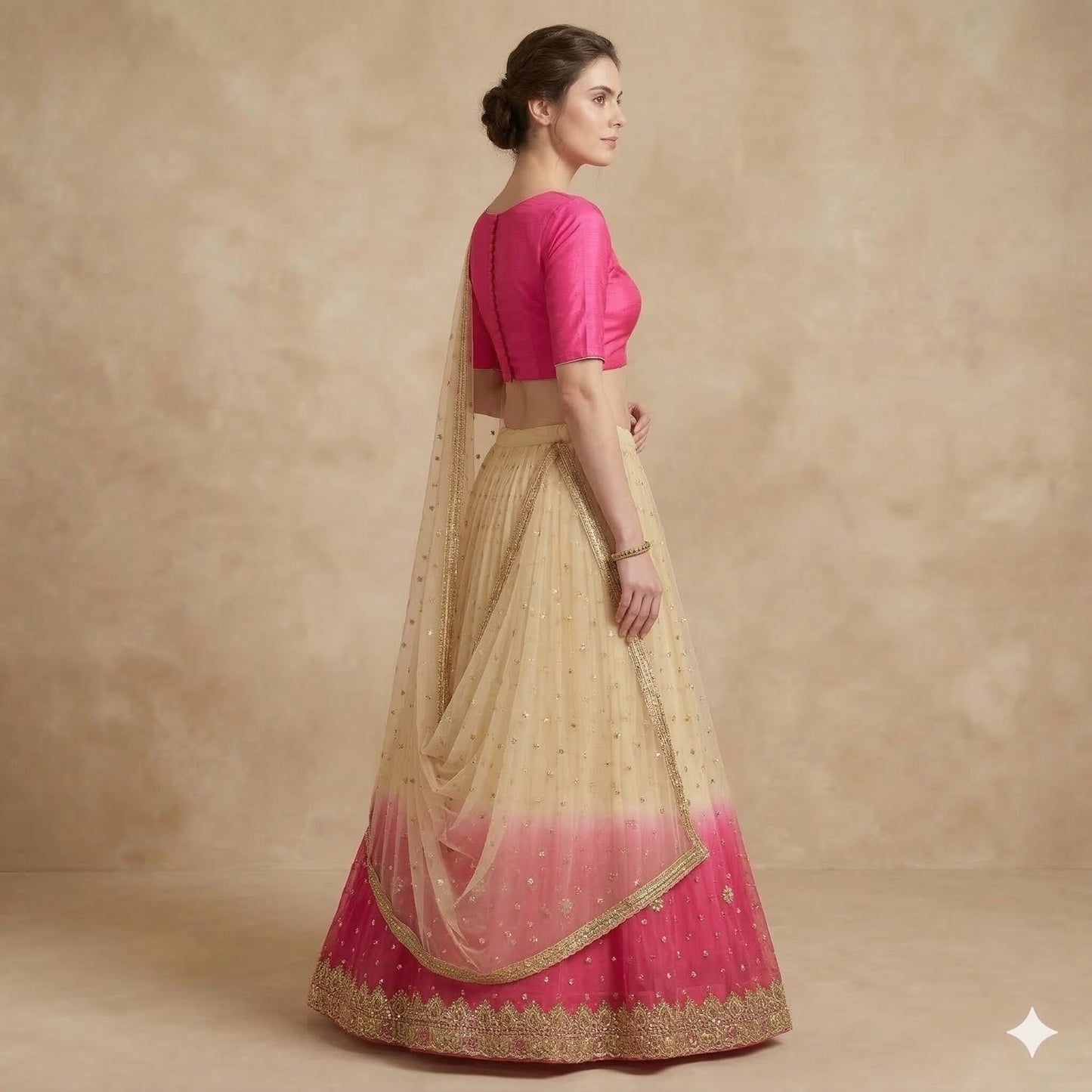 Sanskriti Vintage Golden-Pink Net Unstitched Lehenga Hand Embroidered Zardozi