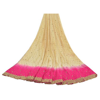 Sanskriti Vintage Golden-Pink Net Unstitched Lehenga Hand Embroidered Zardozi