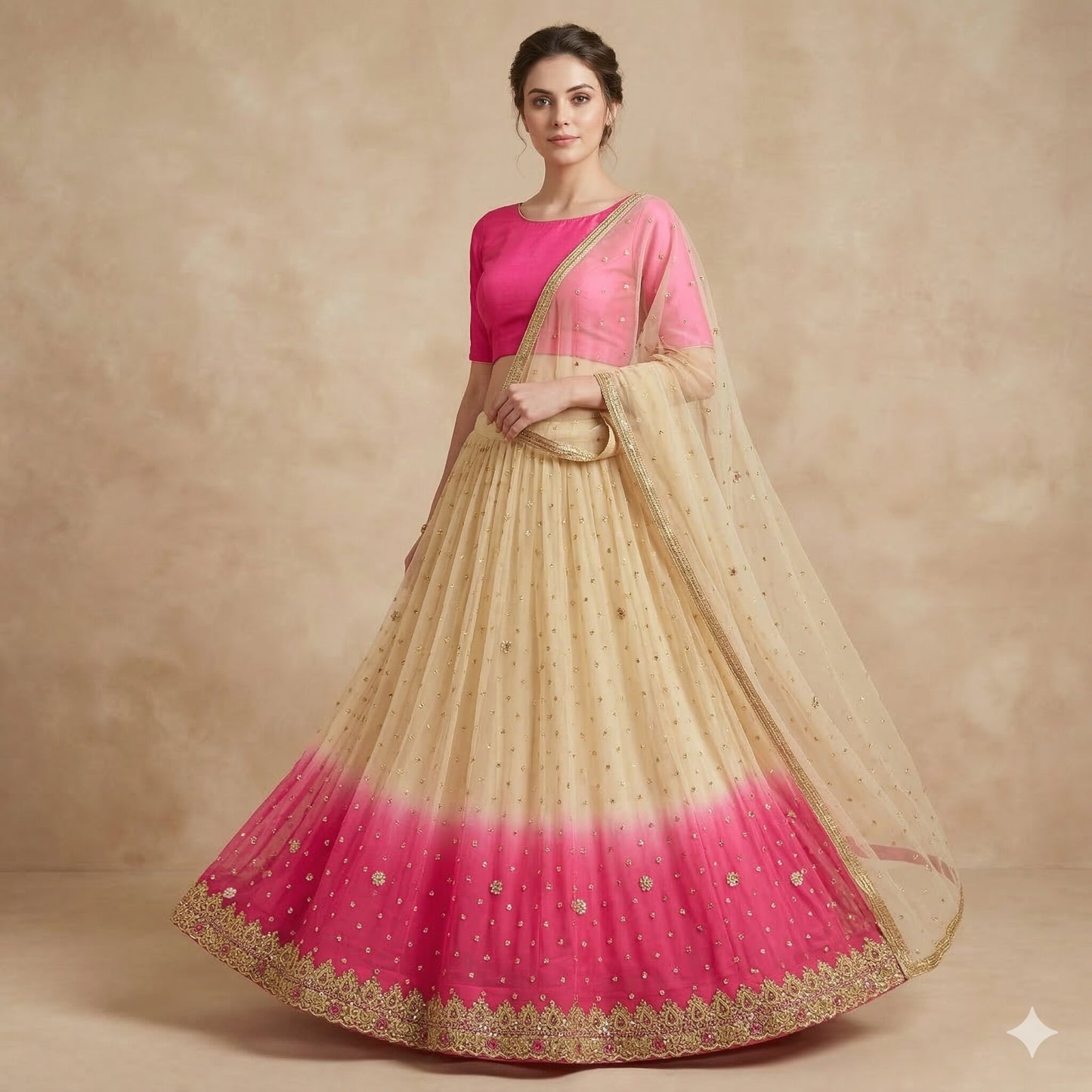 Sanskriti Vintage Golden-Pink Net Unstitched Lehenga Hand Embroidered Zardozi