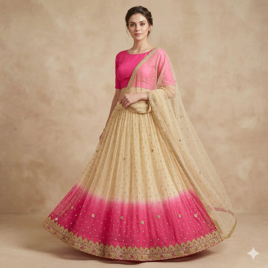 Sanskriti Vintage Golden-Pink Net Unstitched Lehenga Hand Embroidered Zardozi