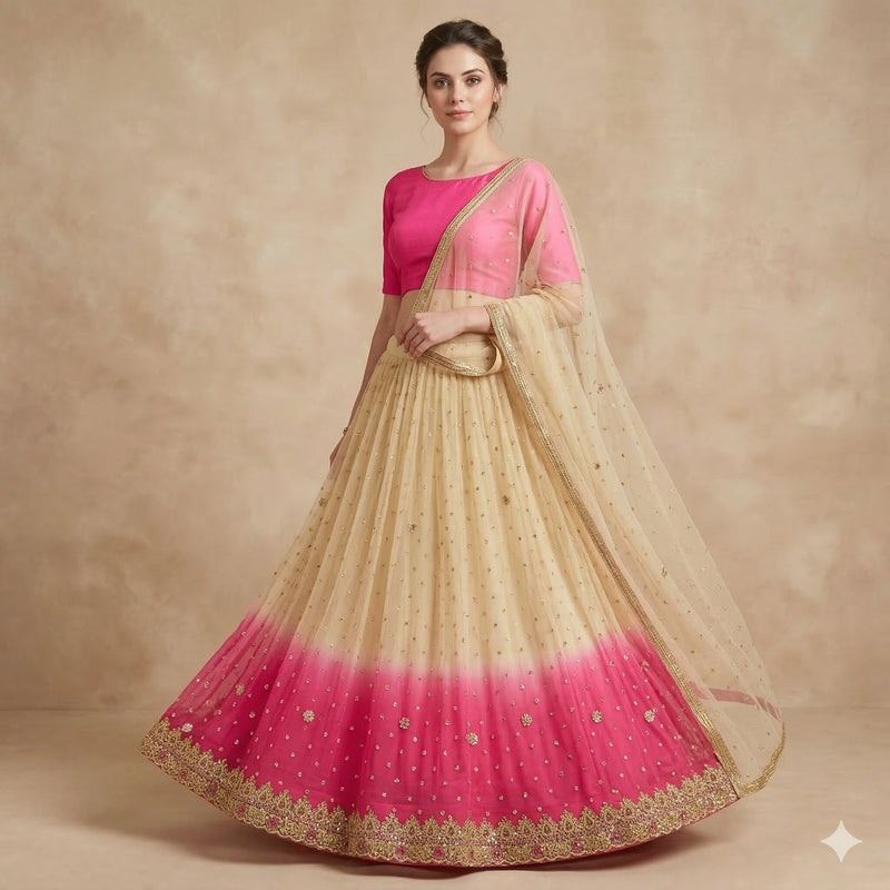 Sanskriti Vintage Golden-Pink Net Unstitched Lehenga Hand Embroidered Zardozi