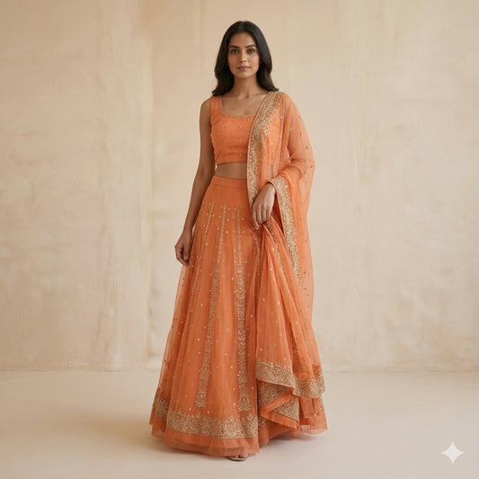 Sanskriti Vintage Orange Net Unstitched Lehenga Hand Embroidered Zardozi Dabka