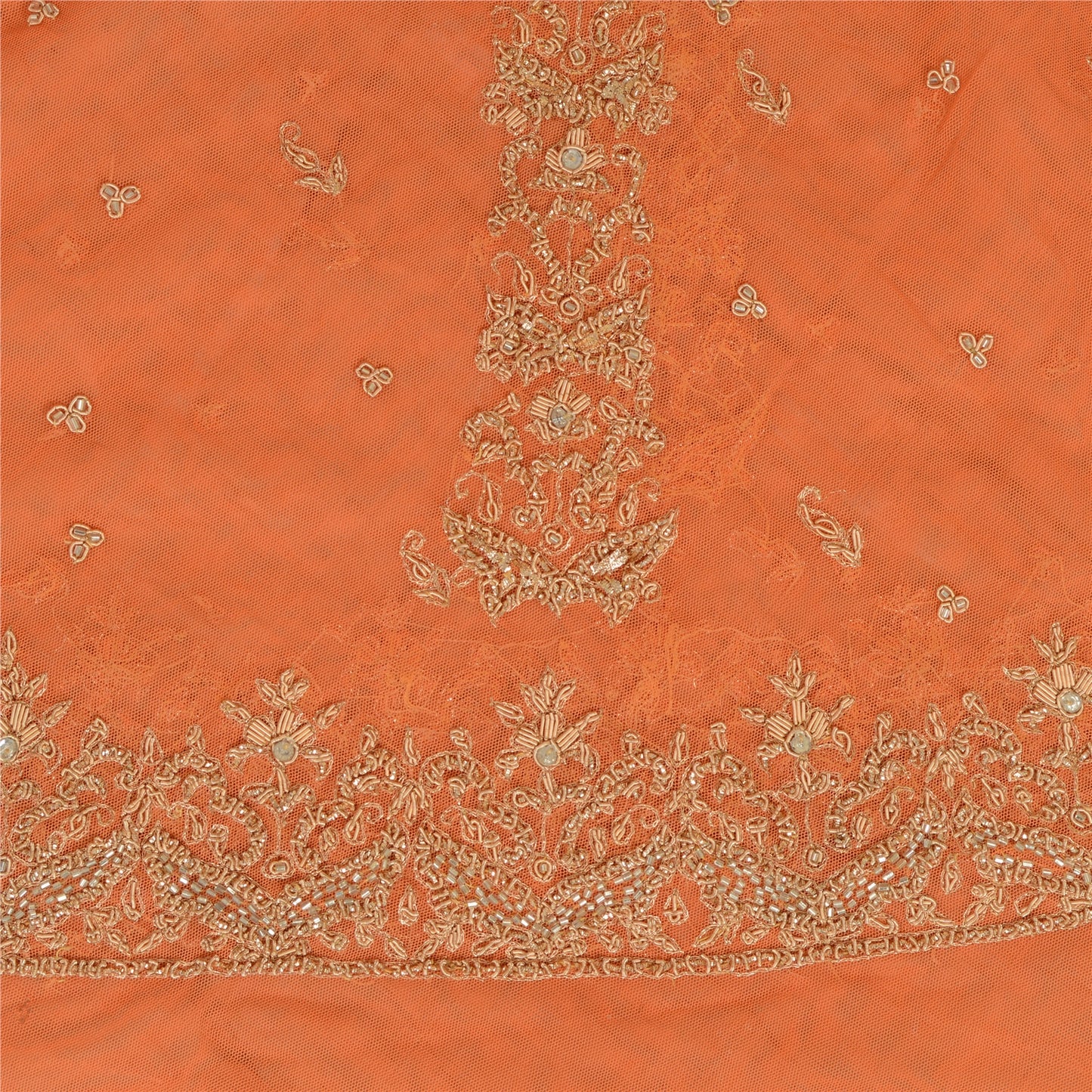 Sanskriti Vintage Orange Net Unstitched Lehenga Hand Embroidered Zardozi Dabka