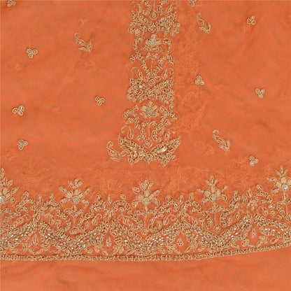 Sanskriti Vintage Orange Net Unstitched Lehenga Hand Embroidered Zardozi Dabka