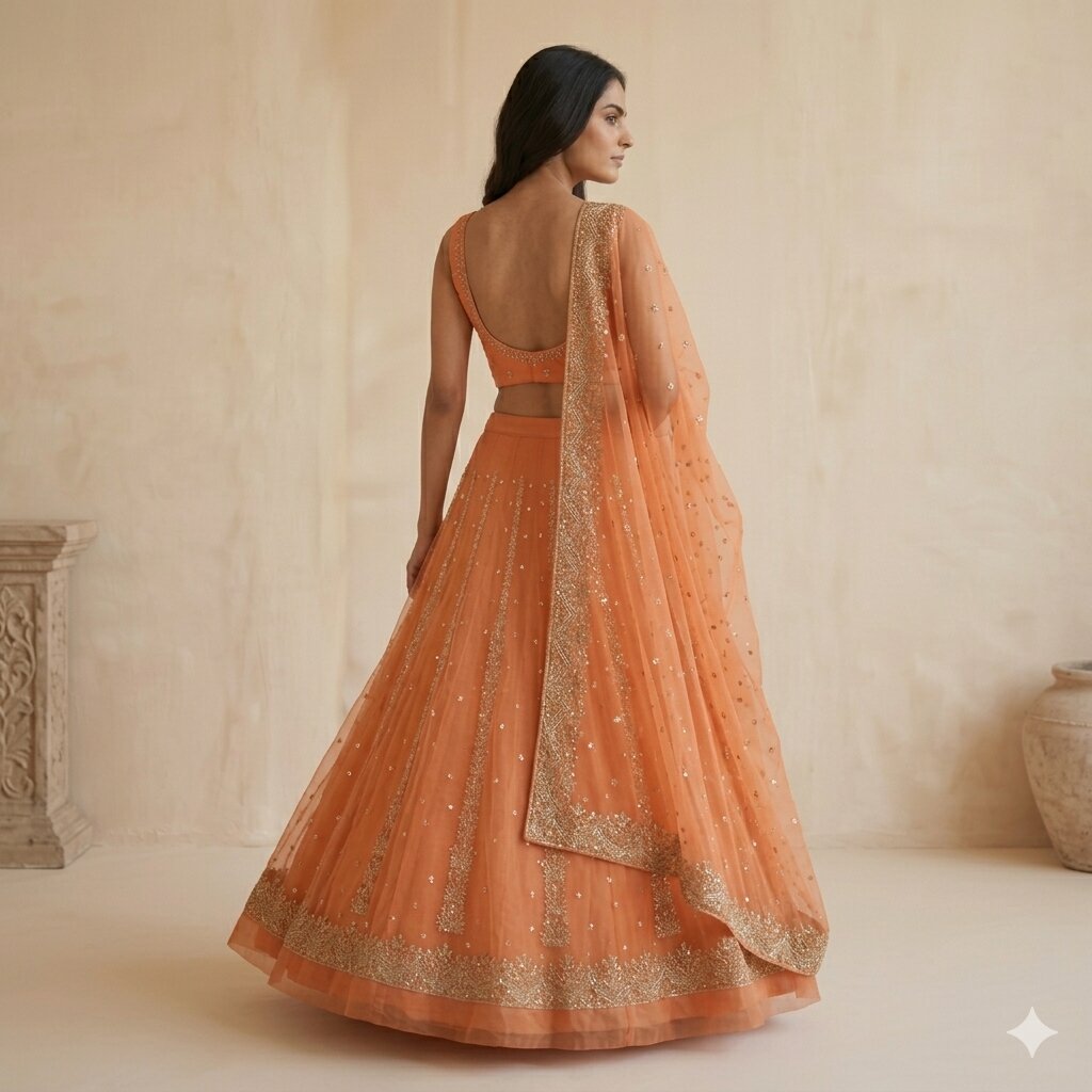 Sanskriti Vintage Orange Net Unstitched Lehenga Hand Embroidered Zardozi Dabka