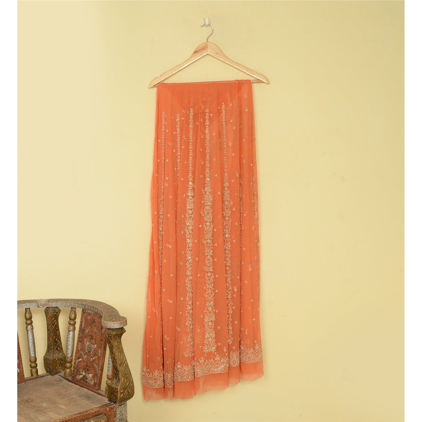 Sanskriti Vintage Orange Net Unstitched Lehenga Hand Embroidered Zardozi Dabka