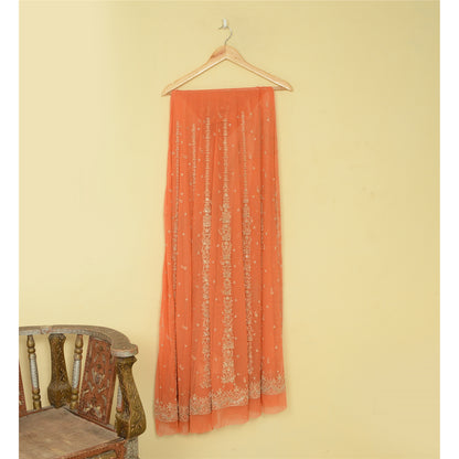 Sanskriti Vintage Orange Net Unstitched Lehenga Hand Embroidered Zardozi Dabka