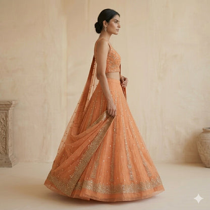 Sanskriti Vintage Orange Net Unstitched Lehenga Hand Embroidered Zardozi Dabka