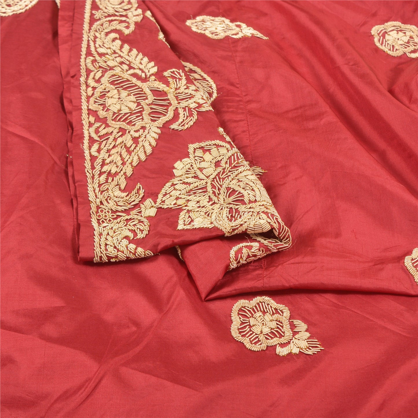Sanskriti Vintage Red 100%Pure Silk Unstitched Lehenga Hand Embroidered Zardozi