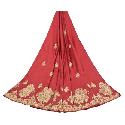 Sanskriti Vintage Red 100%Pure Silk Unstitched Lehenga Hand Embroidered Zardozi