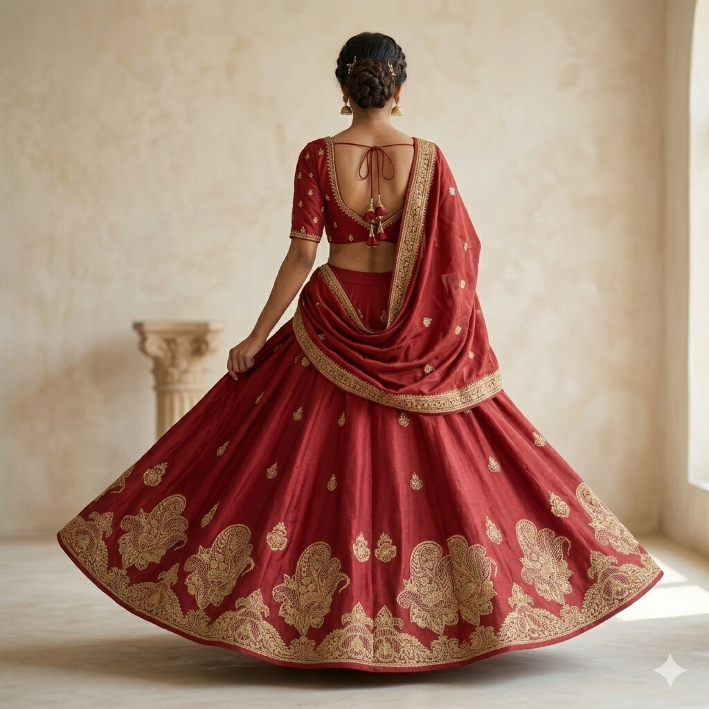 Sanskriti Vintage Red 100%Pure Silk Unstitched Lehenga Hand Embroidered Zardozi