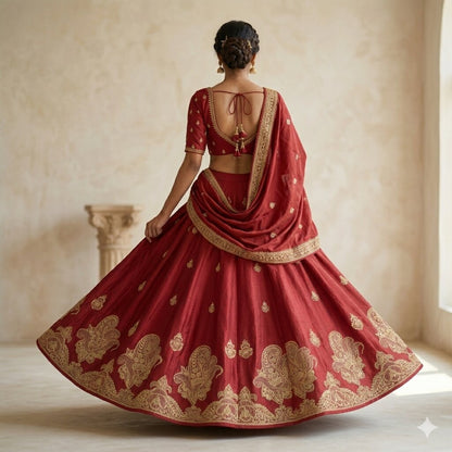Sanskriti Vintage Red 100%Pure Silk Unstitched Lehenga Hand Embroidered Zardozi