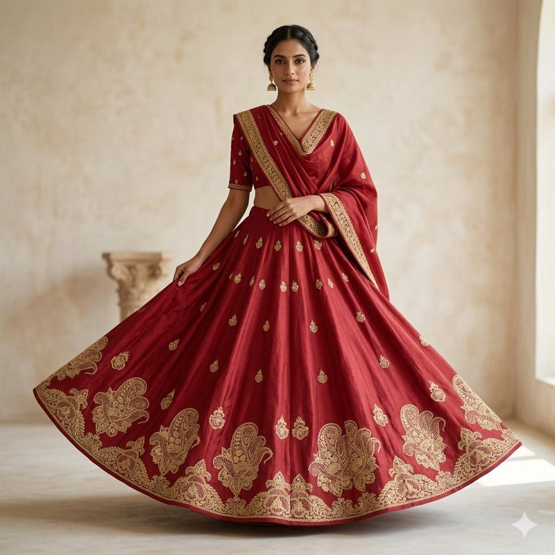 Sanskriti Vintage Red 100%Pure Silk Unstitched Lehenga Hand Embroidered Zardozi