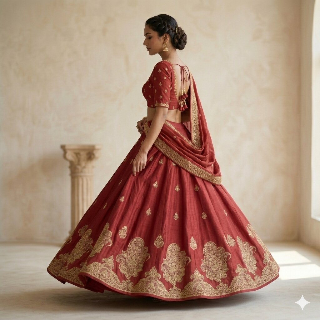Sanskriti Vintage Red 100%Pure Silk Unstitched Lehenga Hand Embroidered Zardozi