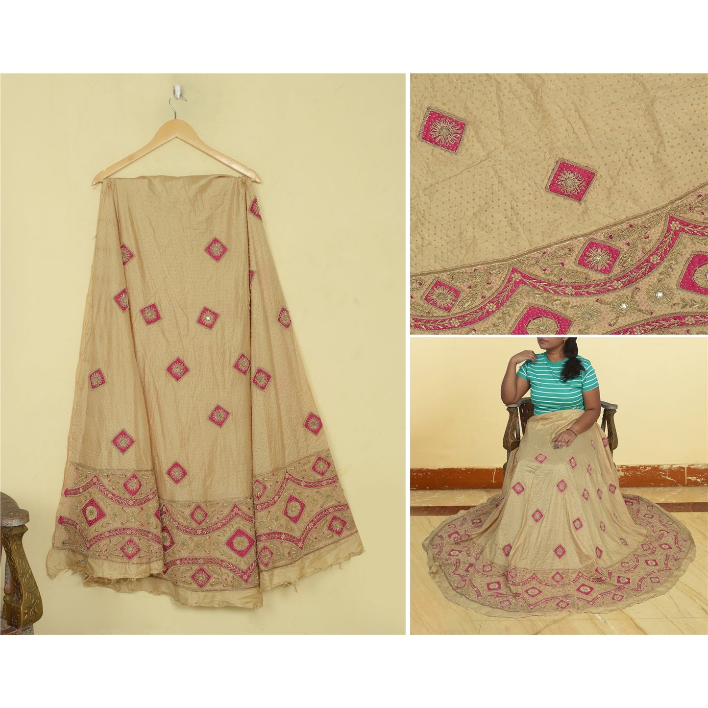 Sanskriti Vintage Golden-Beige Pure Silk Unstitched Lehenga Hand Embroidered