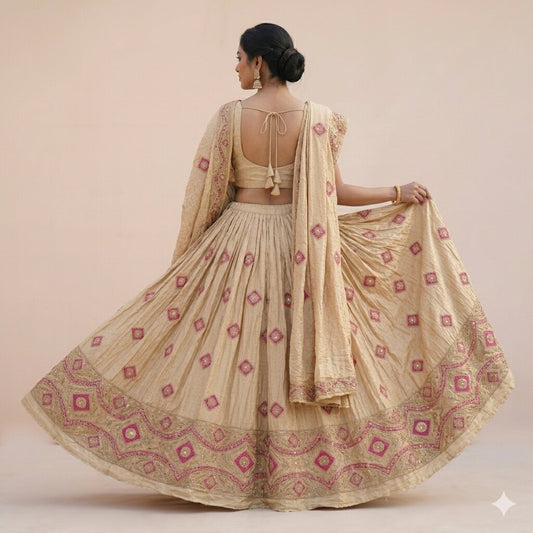 Sanskriti Vintage Golden-Beige Pure Silk Unstitched Lehenga Hand Embroidered