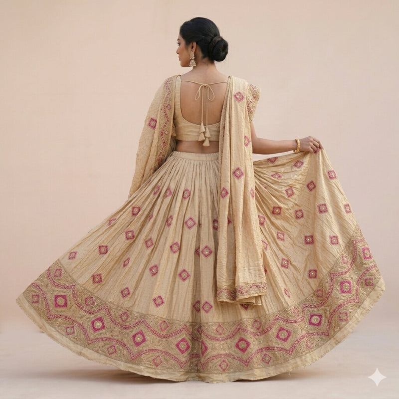 Sanskriti Vintage Golden-Beige Pure Silk Unstitched Lehenga Hand Embroidered