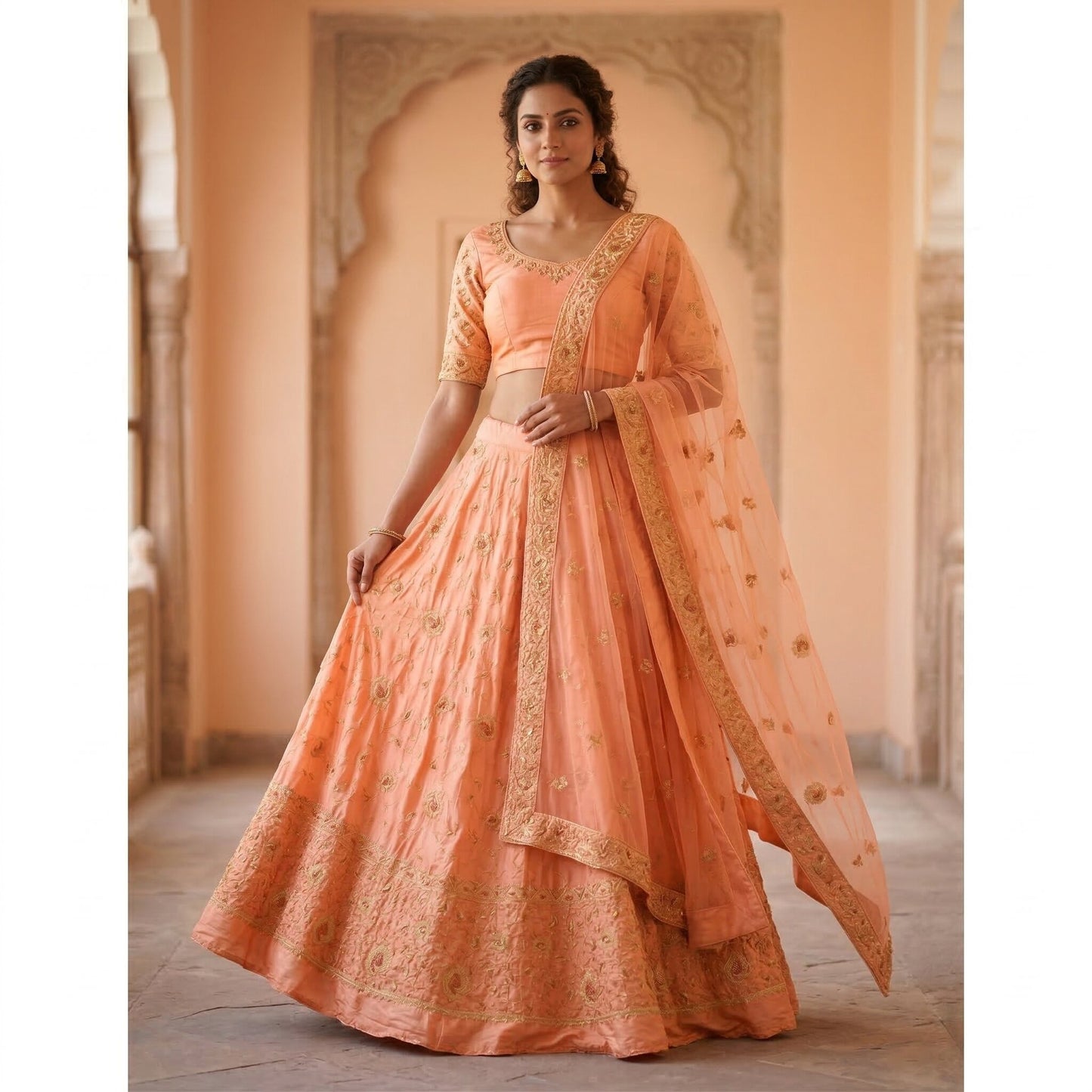 Sanskriti Vintage Peach Pure Silk Unstitched Lehenga Hand Embroidered Zardozi