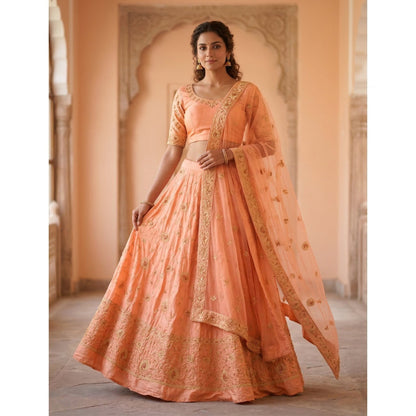 Sanskriti Vintage Peach Pure Silk Unstitched Lehenga Hand Embroidered Zardozi