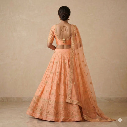 Sanskriti Vintage Peach Pure Silk Unstitched Lehenga Hand Embroidered Zardozi