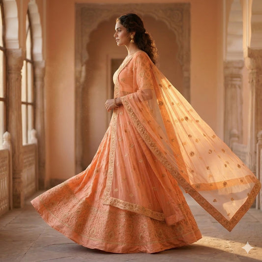 Sanskriti Vintage Peach Pure Silk Unstitched Lehenga Hand Embroidered Zardozi