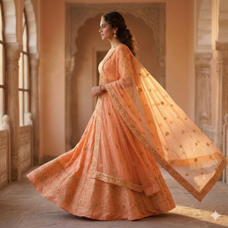 Sanskriti Vintage Peach Pure Silk Unstitched Lehenga Hand Embroidered Zardozi
