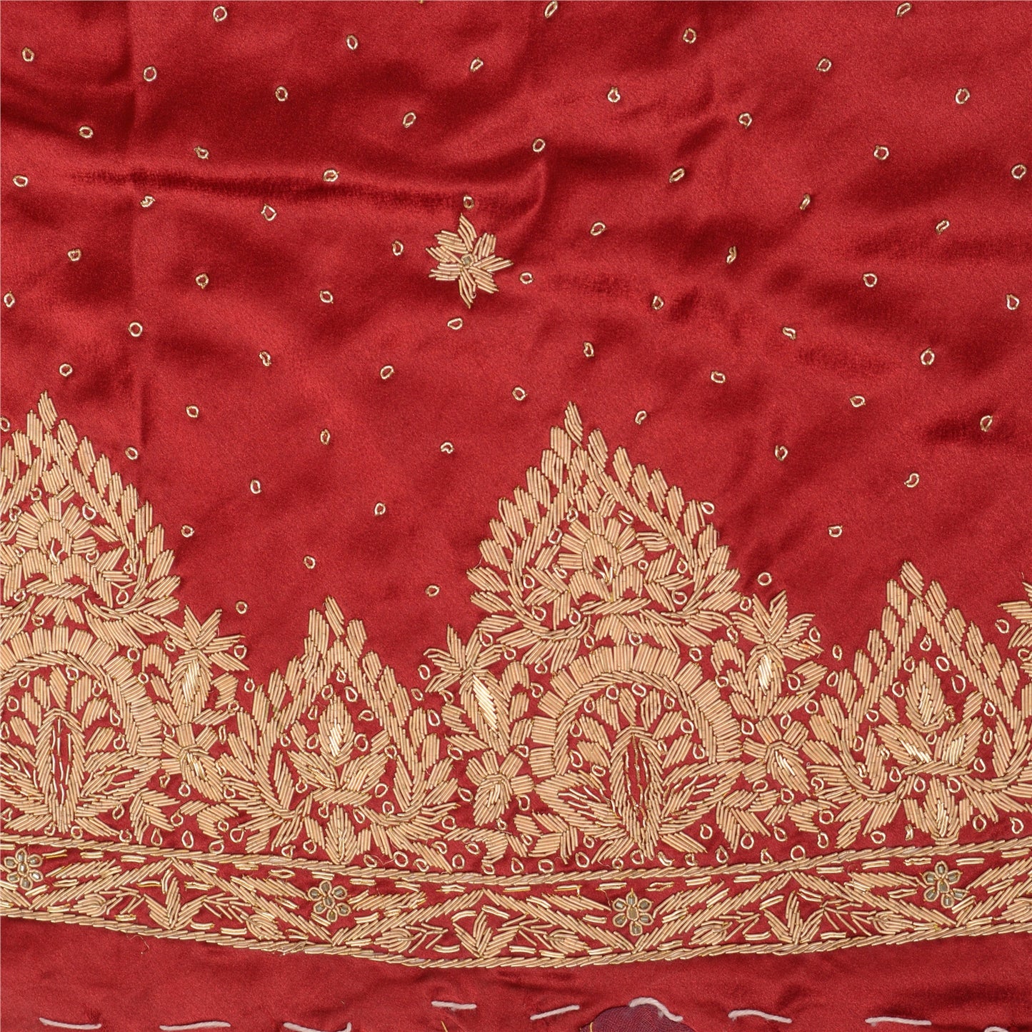 Sanskriti Vintage Dark Red Satin Silk Unstitch Lehenga Hand Embroidered Zardozi