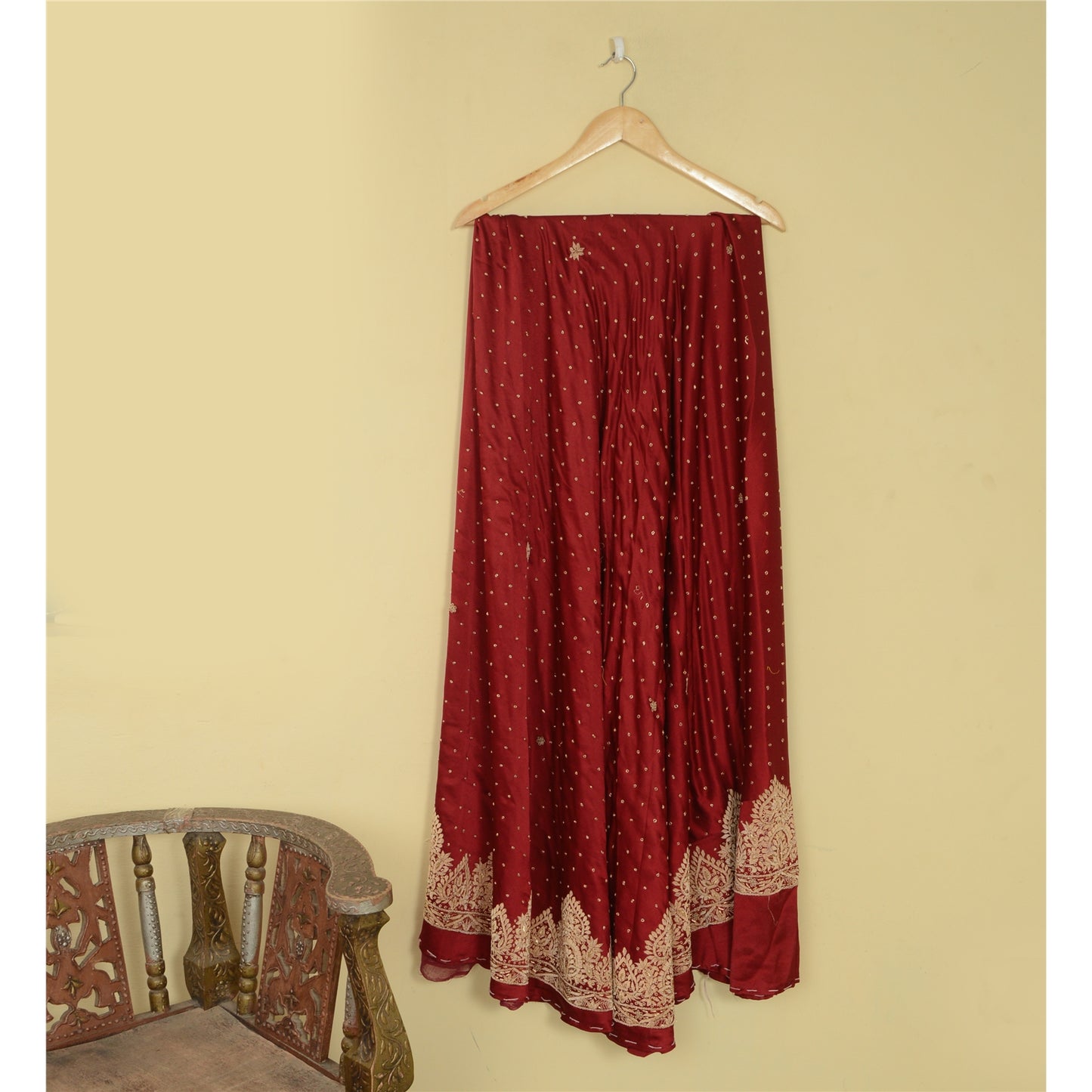 Sanskriti Vintage Dark Red Satin Silk Unstitch Lehenga Hand Embroidered Zardozi