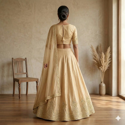 Sanskriti Vintage Golden Beige Art Silk Stitched Lehenga Hand Embroidery Zardozi