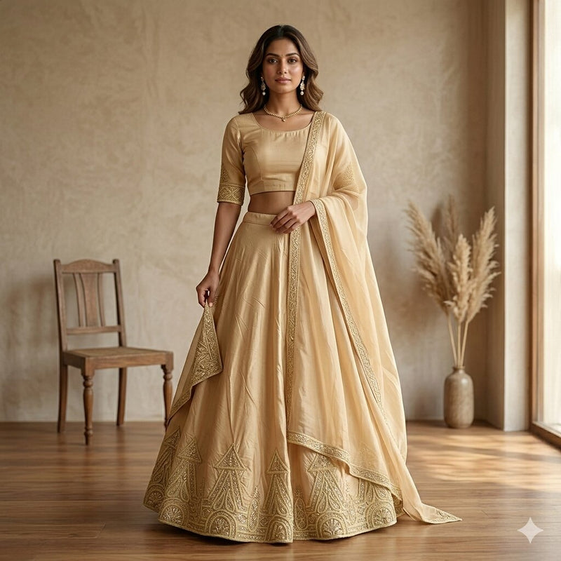 Sanskriti Vintage Golden Beige Art Silk Stitched Lehenga Hand Embroidery Zardozi