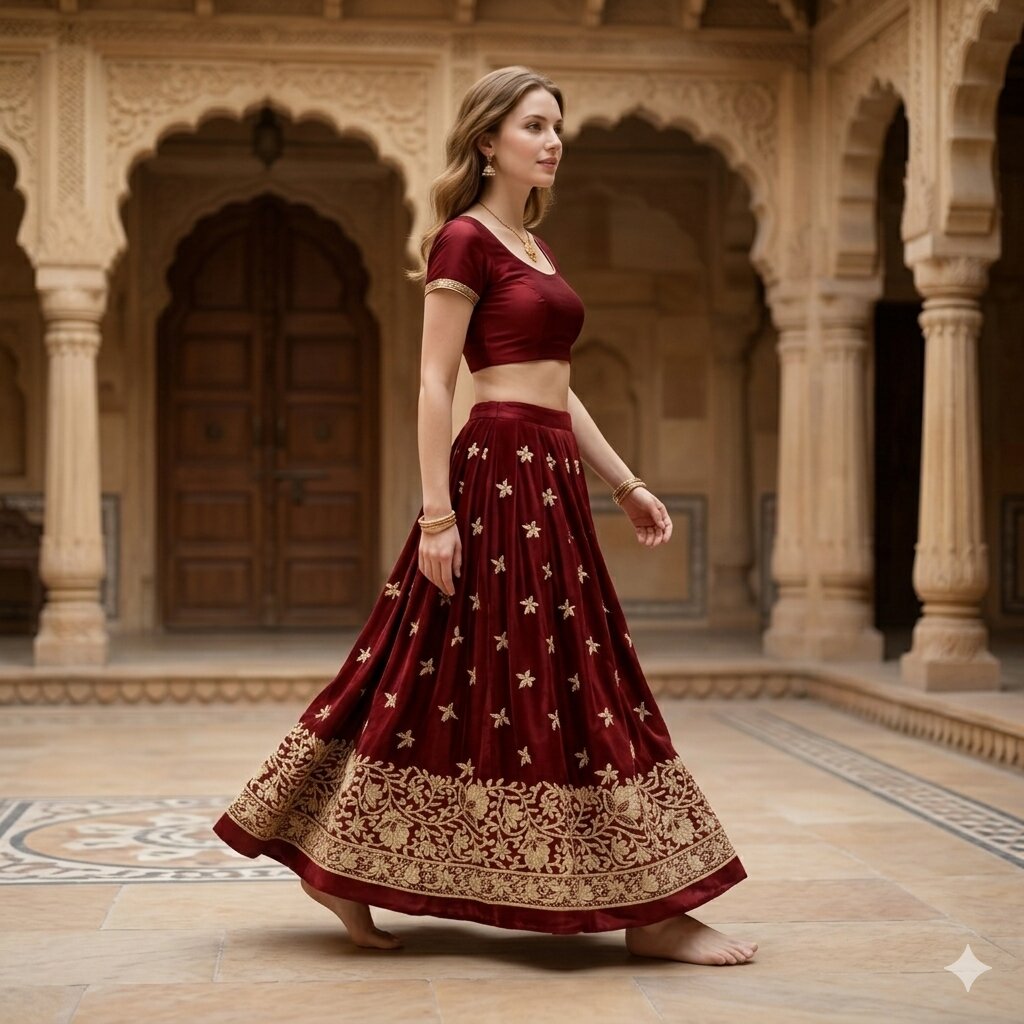Sanskriti Vintage Dark Red Pure Silk Unstitched Lehenga Hand Embroidered Zardozi