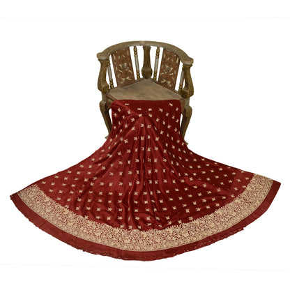 Sanskriti Vintage Dark Red Pure Silk Unstitched Lehenga Hand Embroidered Zardozi