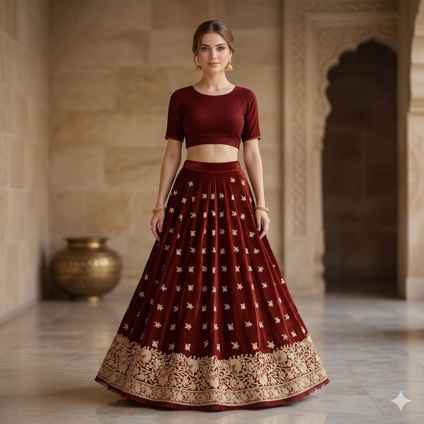 Sanskriti Vintage Dark Red Pure Silk Unstitched Lehenga Hand Embroidered Zardozi