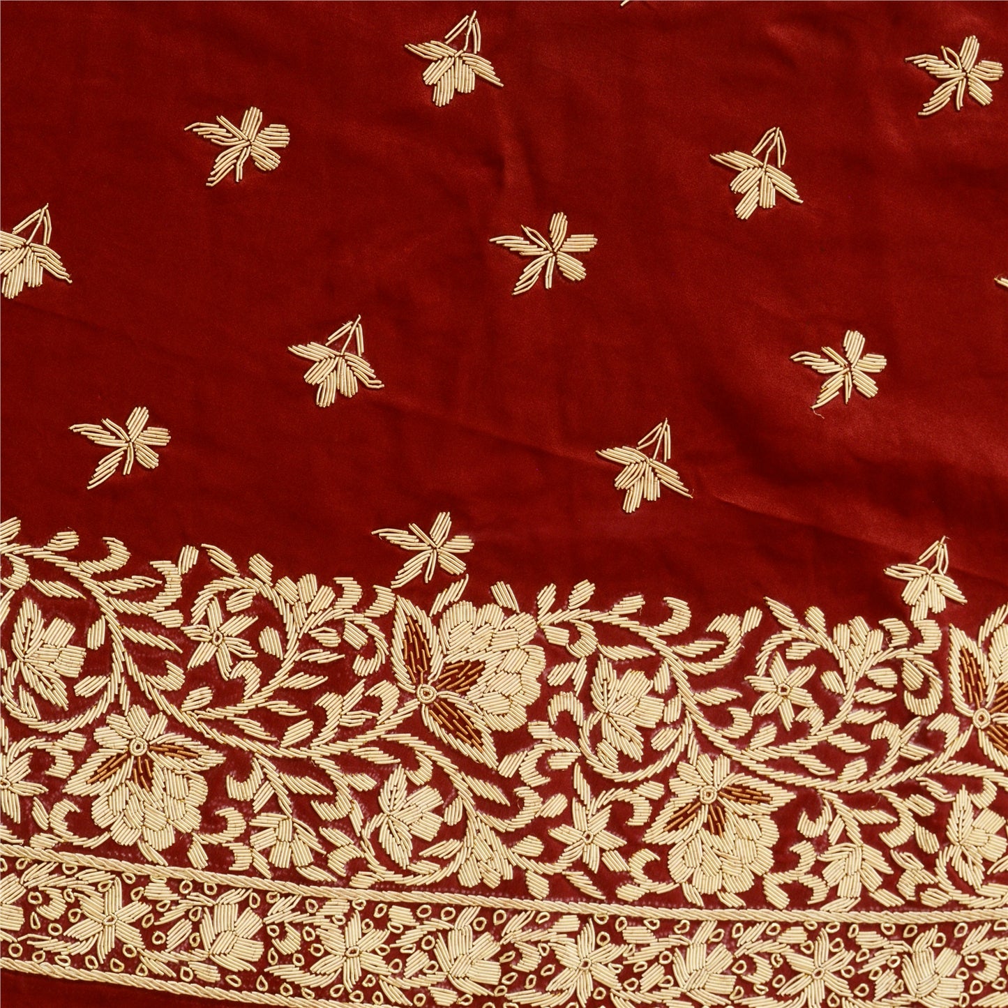 Sanskriti Vintage Dark Red Pure Silk Unstitched Lehenga Hand Embroidered Zardozi