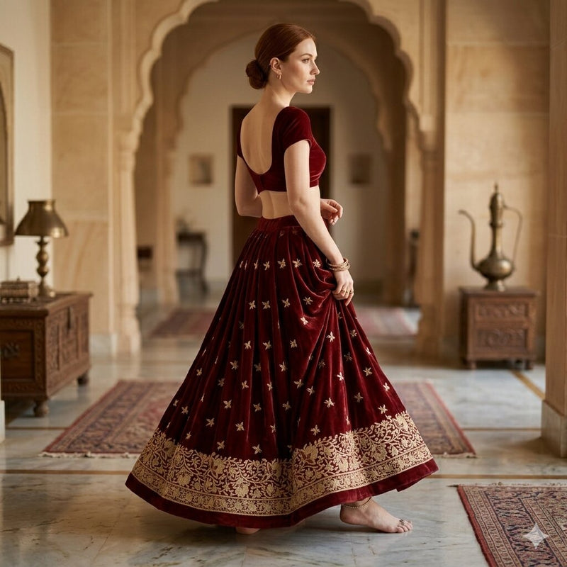 Sanskriti Vintage Dark Red Pure Silk Unstitched Lehenga Hand Embroidered Zardozi