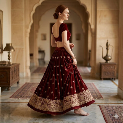 Sanskriti Vintage Dark Red Pure Silk Unstitched Lehenga Hand Embroidered Zardozi