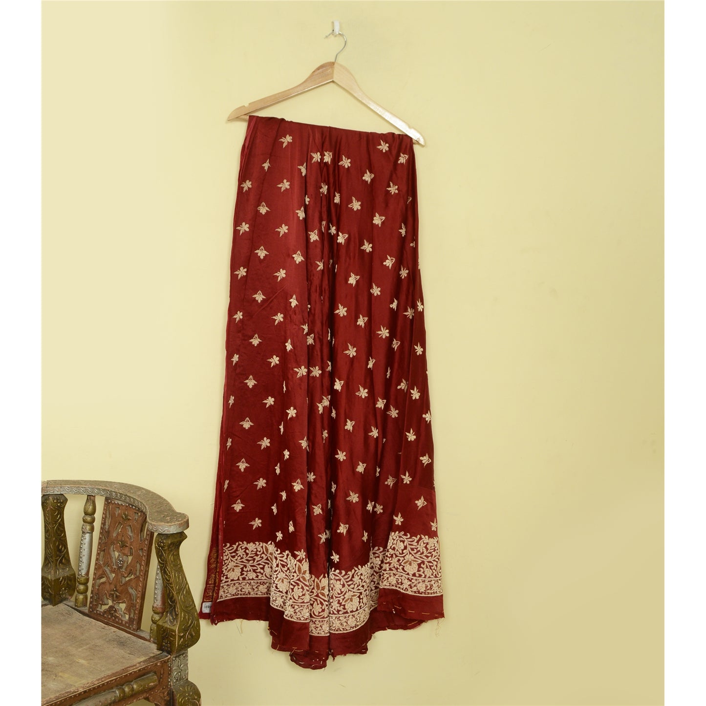 Sanskriti Vintage Dark Red Pure Silk Unstitched Lehenga Hand Embroidered Zardozi