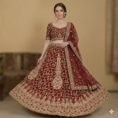 Sanskriti Vintage Dark Red Net Stitched Lehenga Hand Embroidery Zardozi Dabka