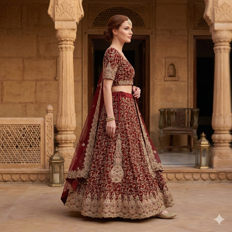 Sanskriti Vintage Dark Red Net Stitched Lehenga Hand Embroidery Zardozi Dabka