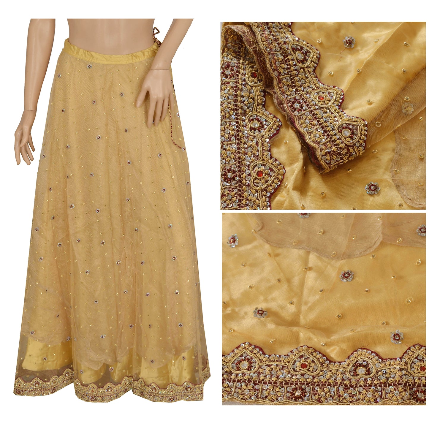 Sanskriti Vintage Golden Net Stitched Lehenga IndiaHand Embroidery Zardozi Dabka