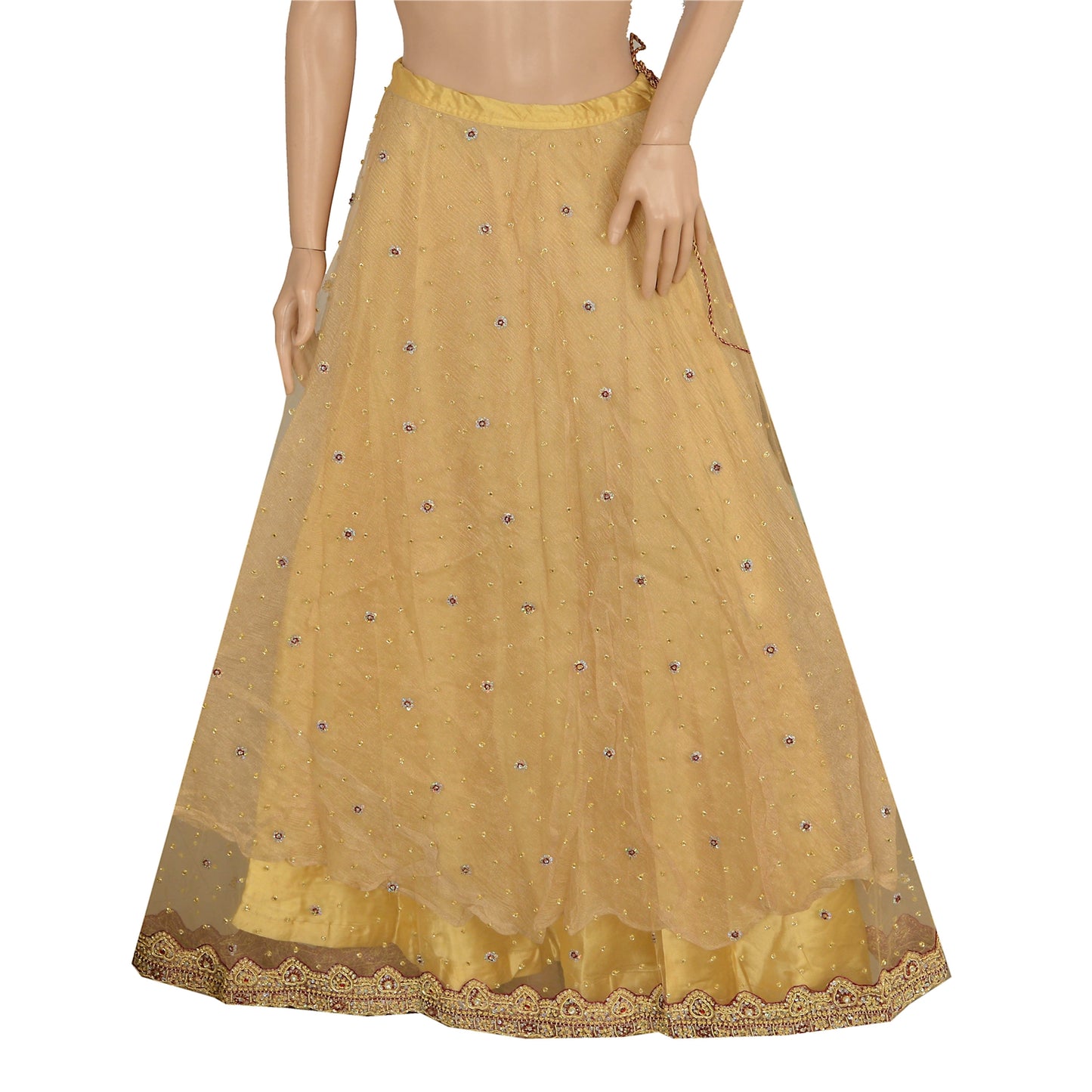 Sanskriti Vintage Golden Net Stitched Lehenga IndiaHand Embroidery Zardozi Dabka