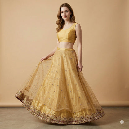 Sanskriti Vintage Golden Net Stitched Lehenga IndiaHand Embroidery Zardozi Dabka