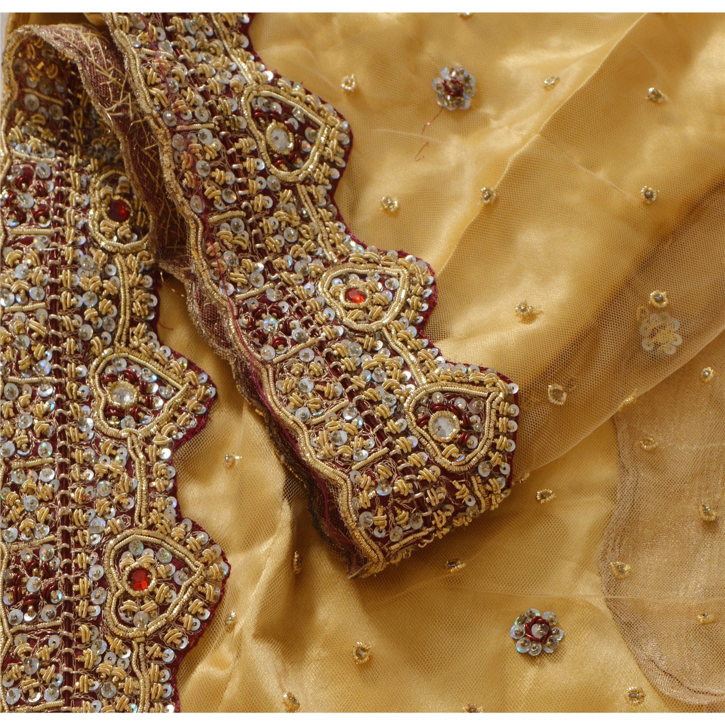 Sanskriti Vintage Golden Net Stitched Lehenga IndiaHand Embroidery Zardozi Dabka