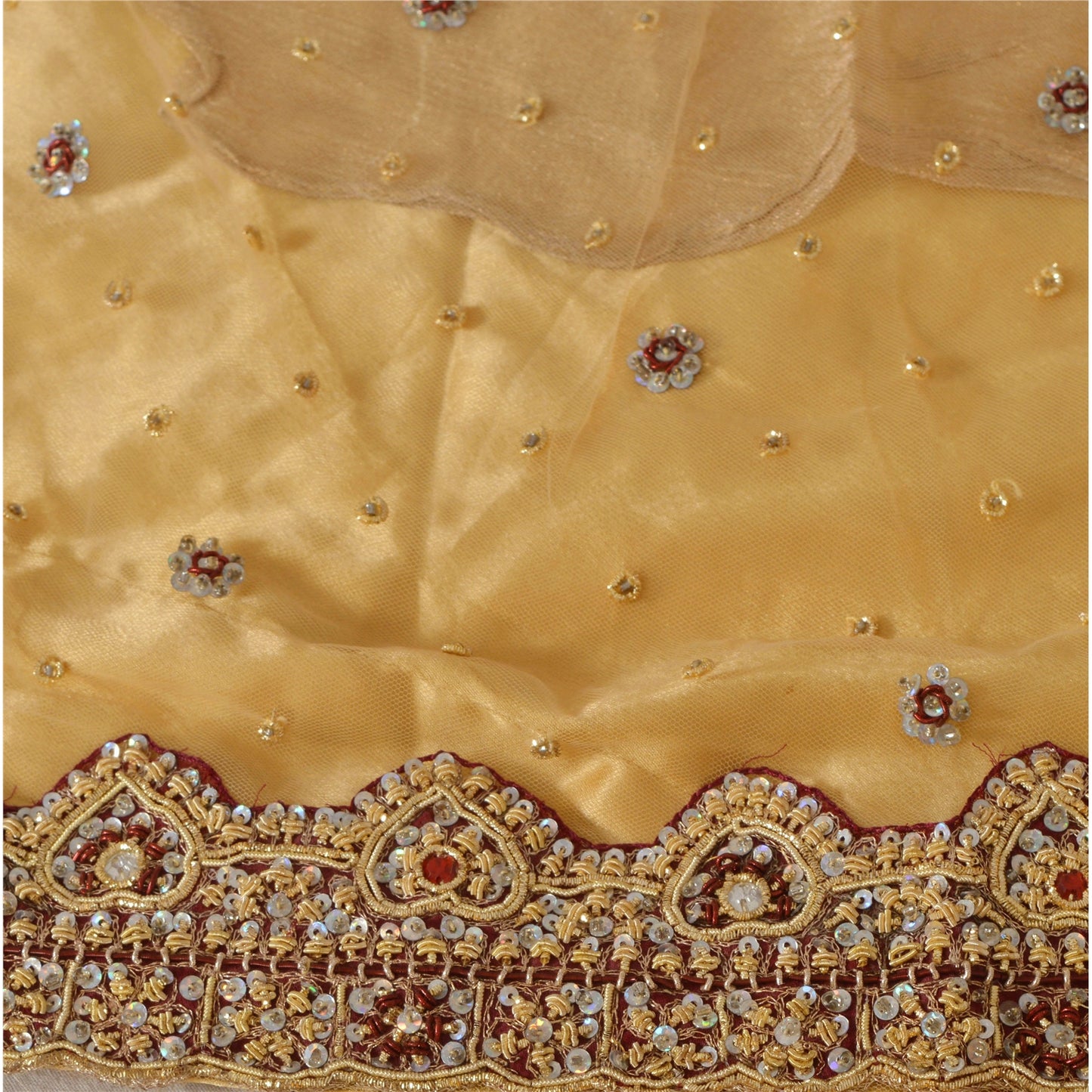 Sanskriti Vintage Golden Net Stitched Lehenga IndiaHand Embroidery Zardozi Dabka